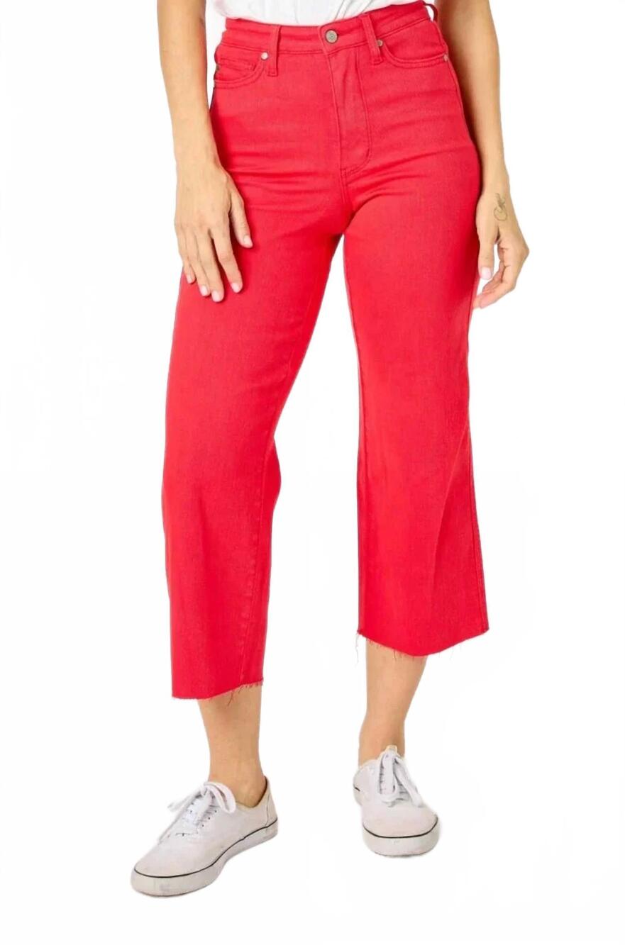 NEW JUDY BLUE women's garment dyed tummy control crop wide pants in red